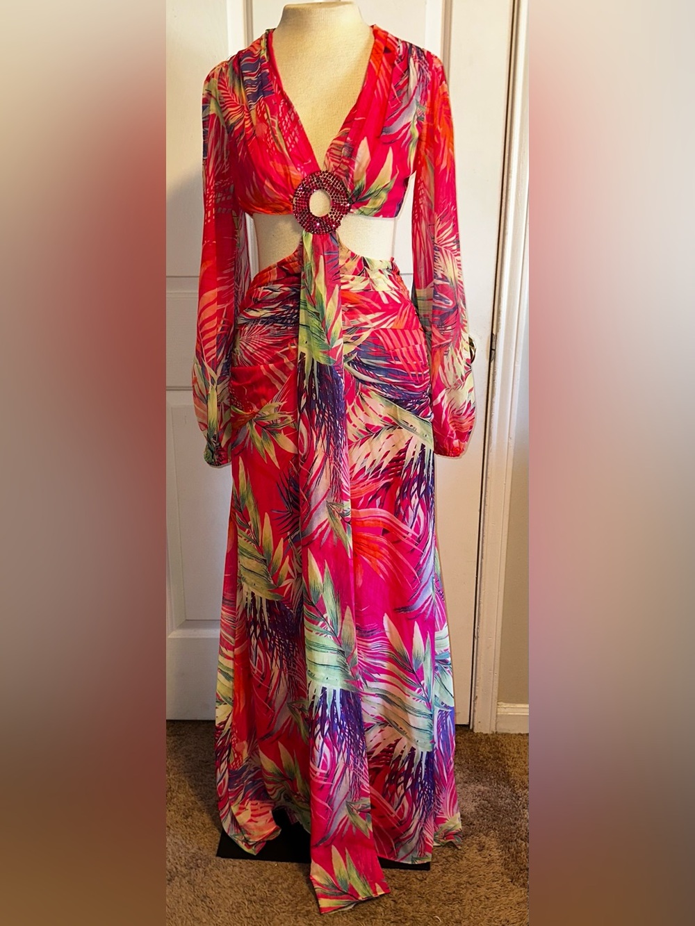 Steps Chiffon Tropical Palm Pink Maxi Cutout Dress S
